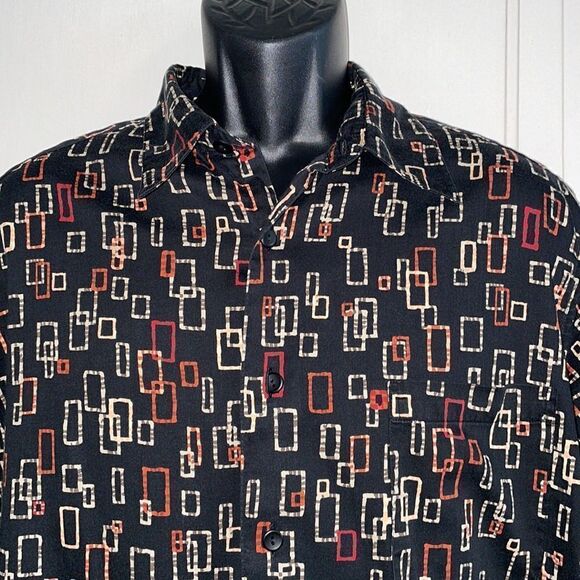 Claiborne black, orange, cream & red rectangle print short sleeved shirt - Picture 2 of 8